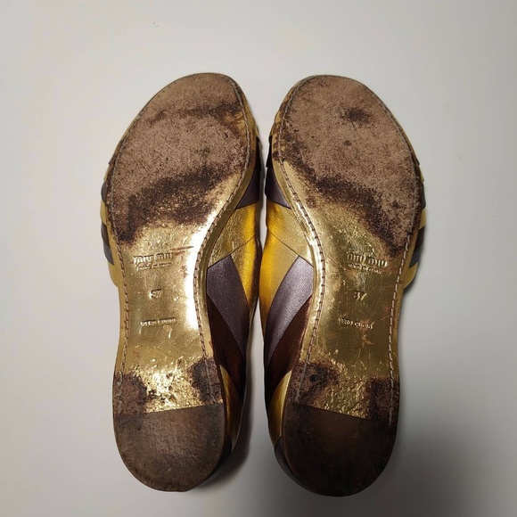 Miu Miu Open Toe Flats Sz 37, Gold, Bronze, Gray, Leather, Made in Italy - Picture 5 of 5